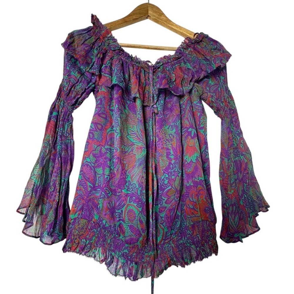 Ramy Brook 100% Viscose Floral Multicolor with Ruffles and Bell Sleeves Blouse